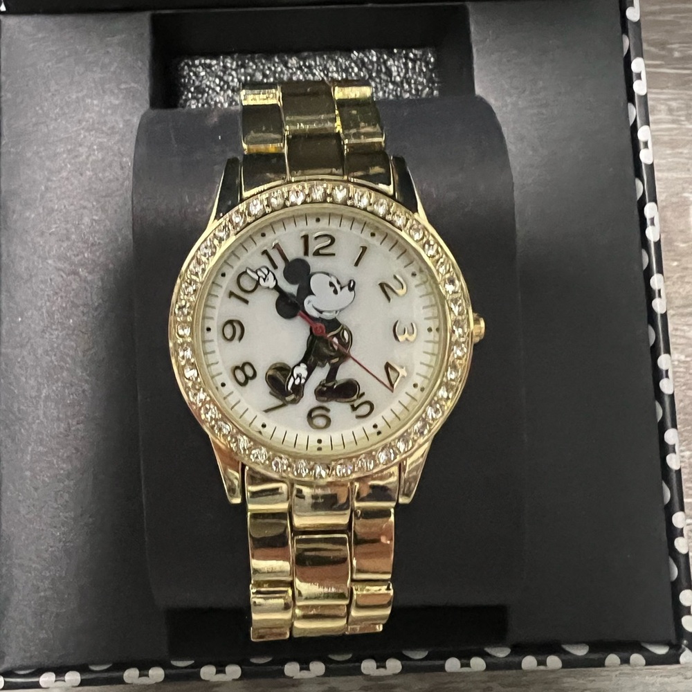Disney Accutime Gold Mickey Mouse Watch with Rhinestone Accents